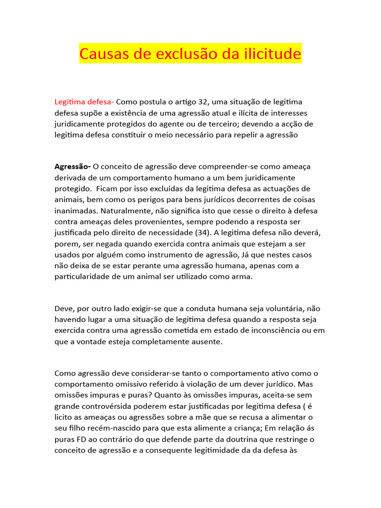 Causas de exclusão da ilicitude PDF Agressão Justiça