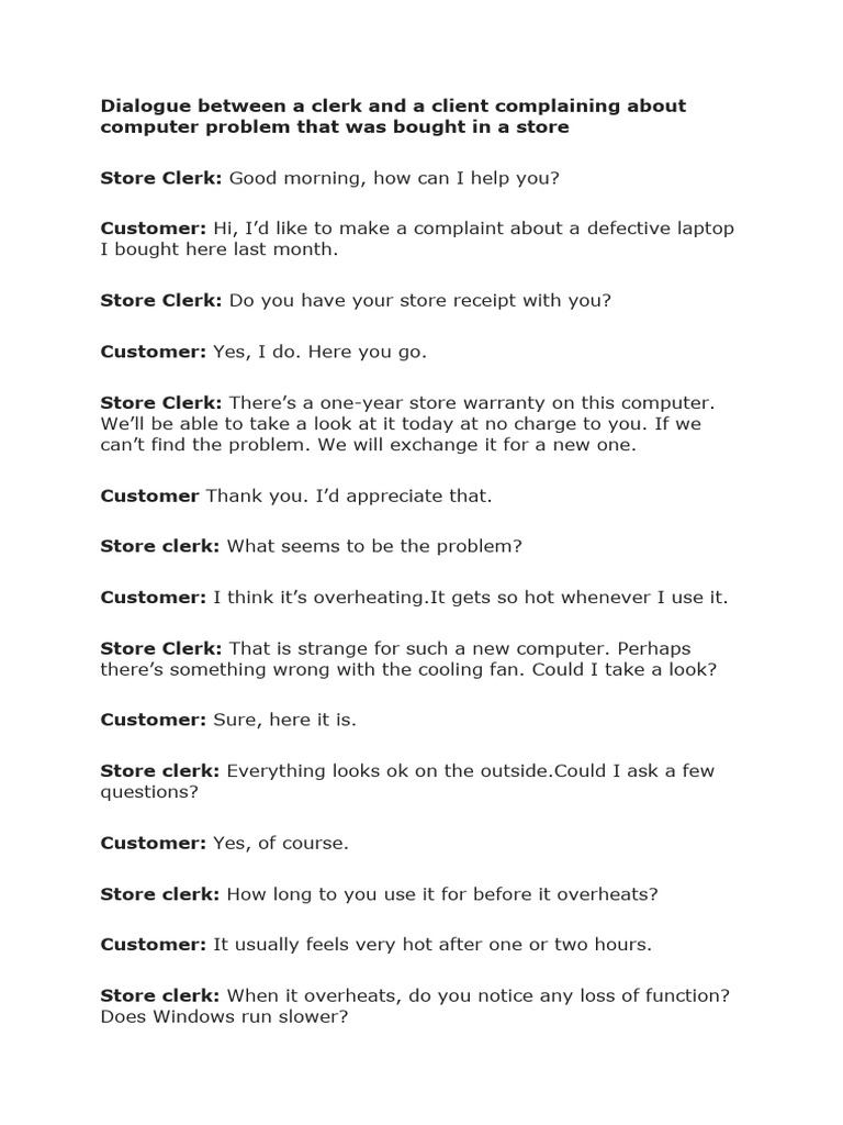 Dialogue between a clerk and a client complaining about computer