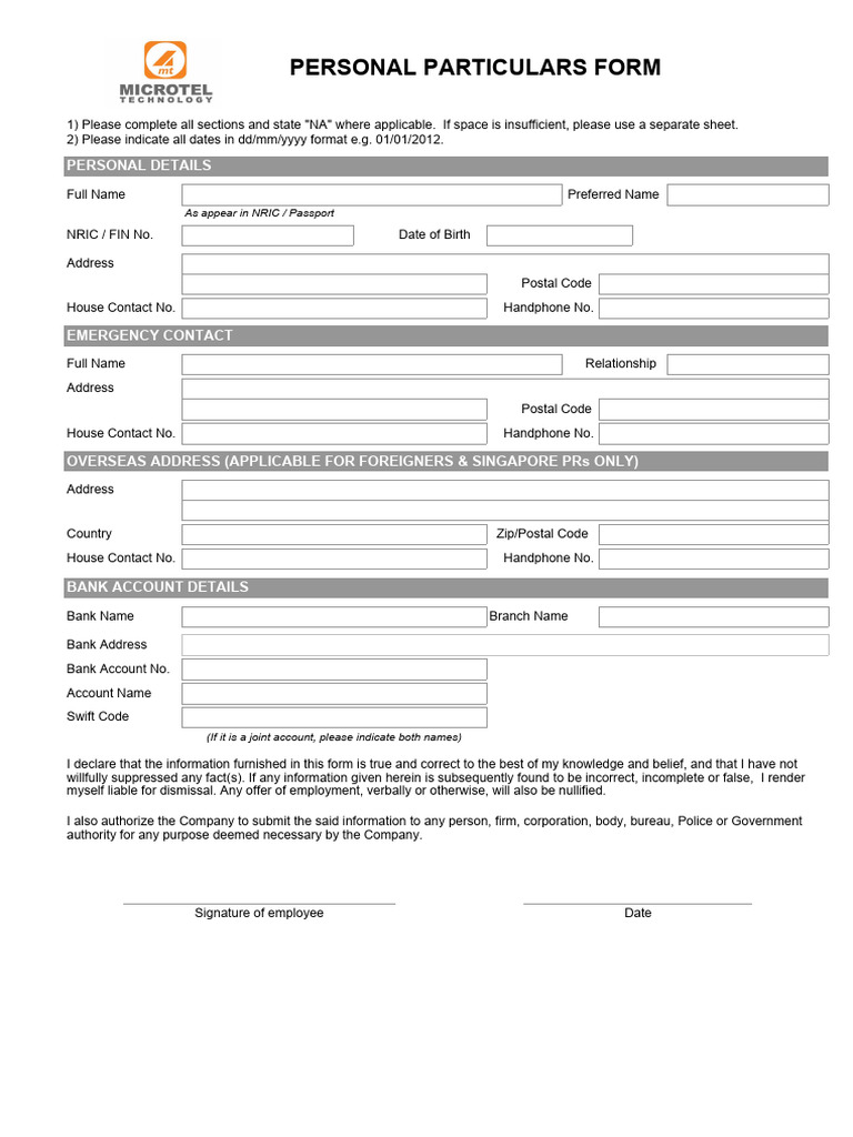 Personal Particulars Form (Overseas Staff) PDF