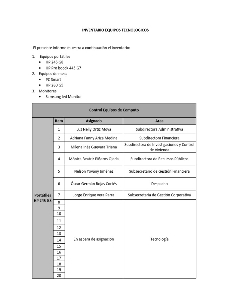 Inventario Equipos Tecnologicos | PDF | Hardware de la computadora ...