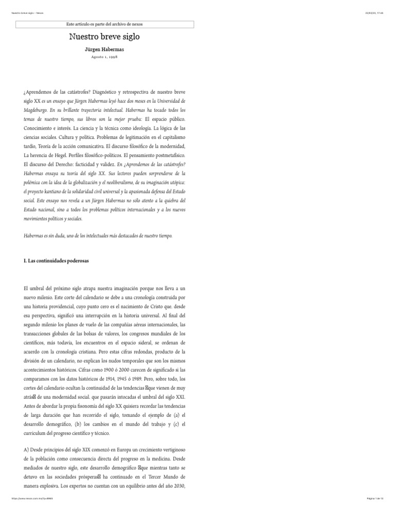 Jurgen Habermas Nuestro Breve Siglo Nexos PDF Estado pol tica