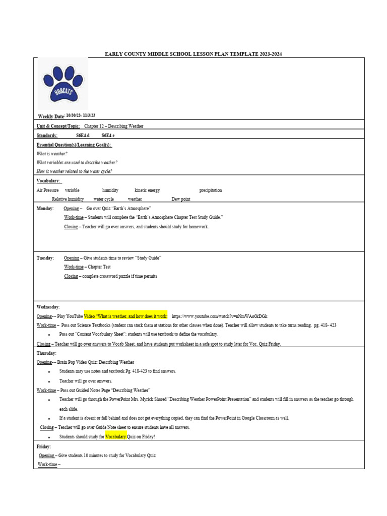 Weather Lesson Plan for Grades 6-8 | PDF | Weather | Lesson Plan