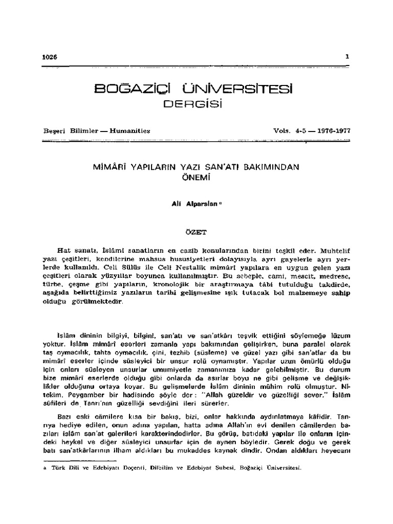 Ali Alparslan Mimari Yap lar n Yaz San at Bak m ndan nemi Bogazici 