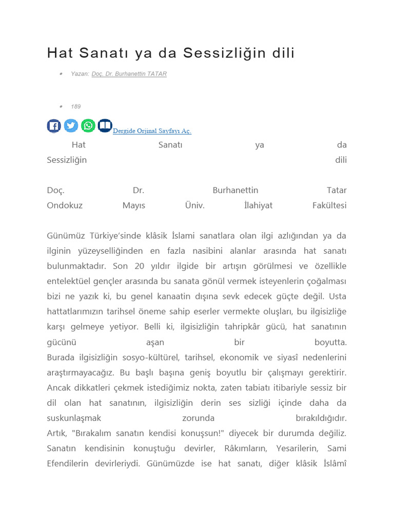 Burhanettin Tatar-Hat Sanatı Ya Da Sessizliğin Dili | PDF
