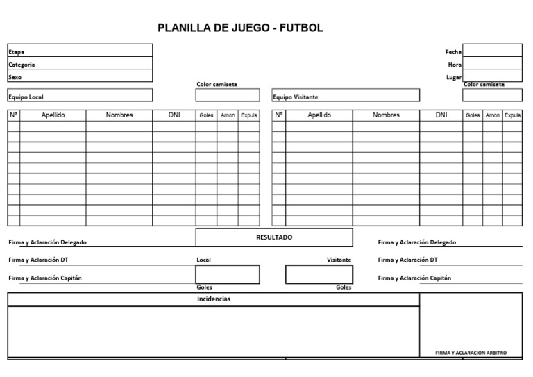 Planilla De Juego Futbol Pdf