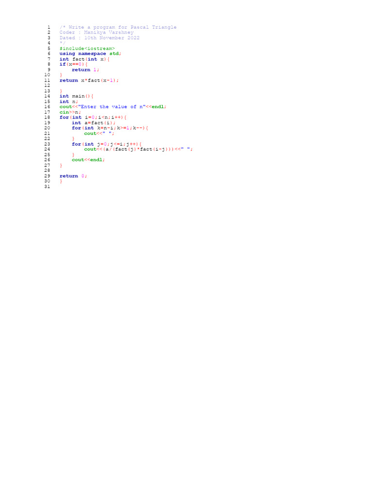 Pascal Triangle in CPP - MKV | PDF