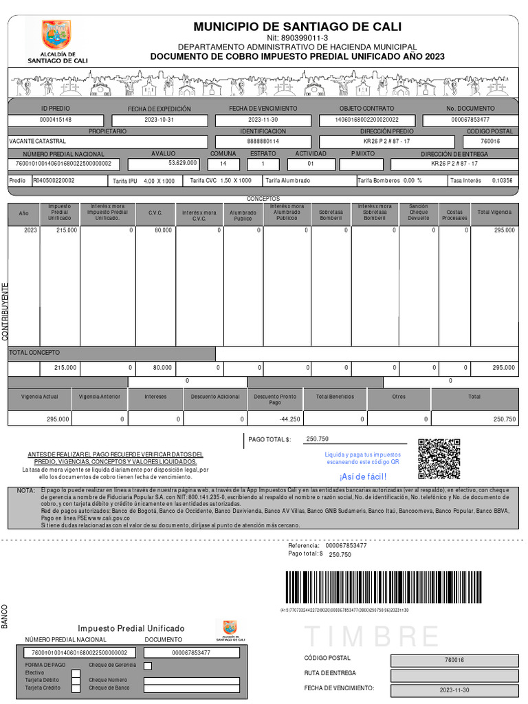 Recibo Impuesto Predial Cali 2023 | PDF | Bancos | Tarjeta de crédito