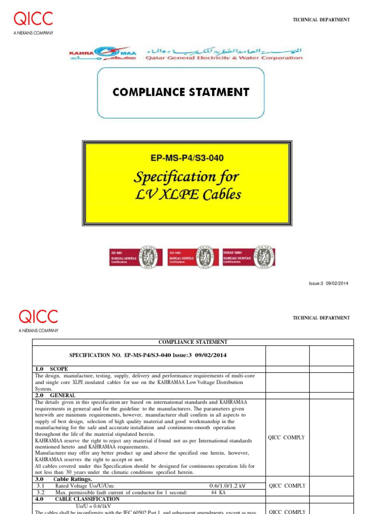 XLPE Cable Specification for KAHRAMAA | PDF | Insulator (Electricity ...