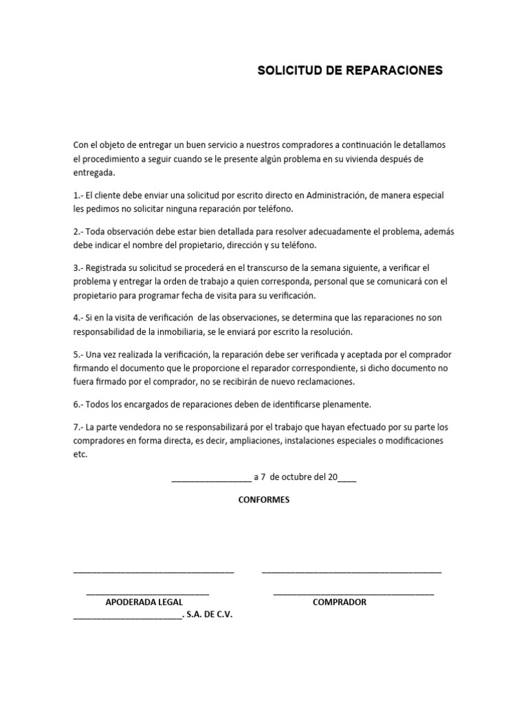 Carta Solicitud de Reparaciones | PDF | Derecho
