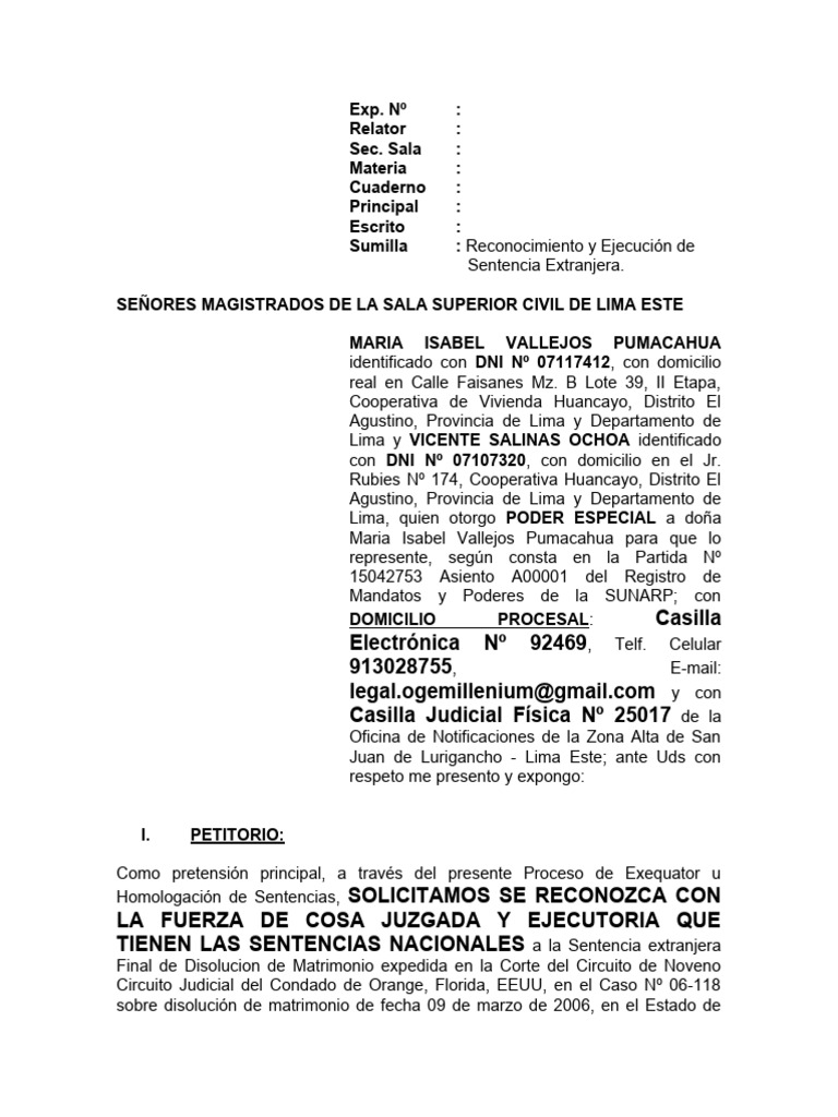 Demanda de Exequator - Generico 2 | PDF | Sentencia (ley) | Demanda ...