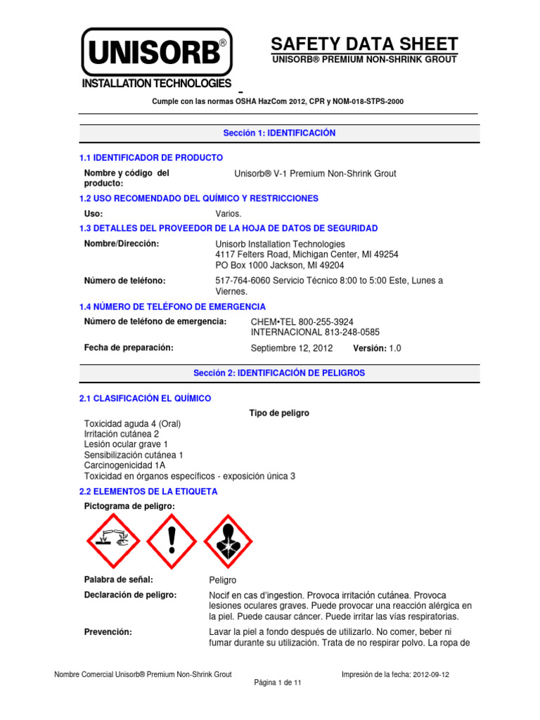 In Spanish Unisorb v1 Nonshrink Grout Sds | PDF | Quemar | Primeros