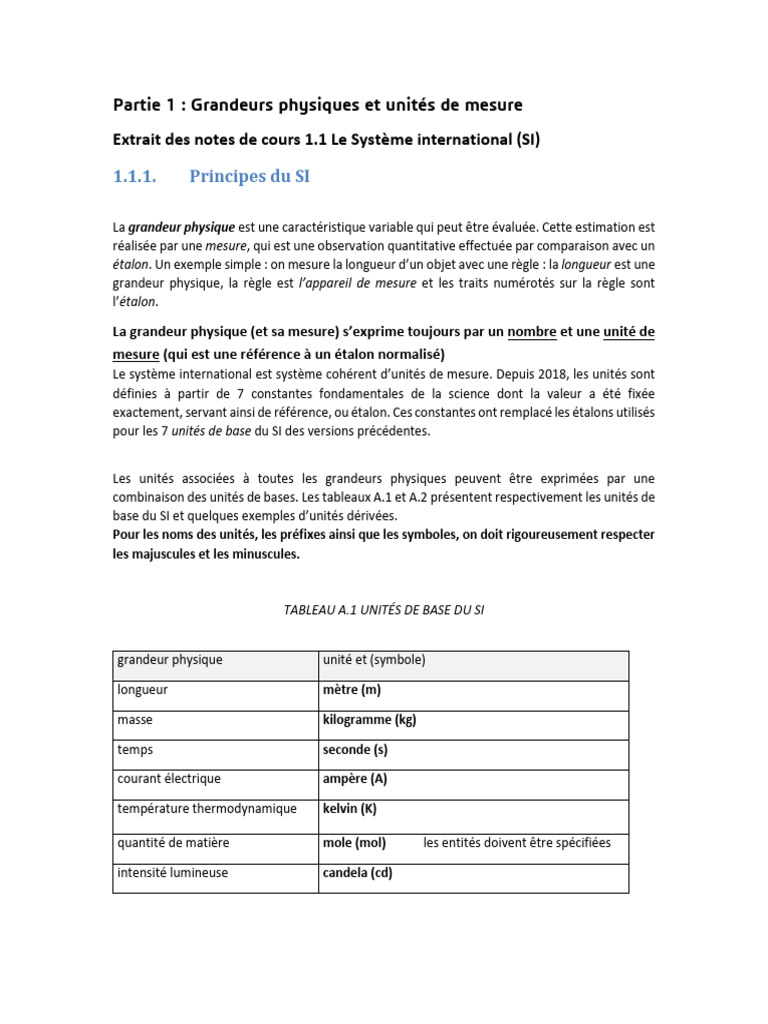 Grandeurs physiques et unités SI expliquées | PDF | Mesure | Système ...