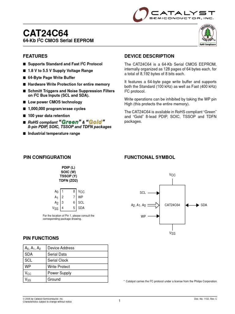 CAT24C64 EEPROM Datasheet Overview | PDF | Computer Hardware | Computer ...