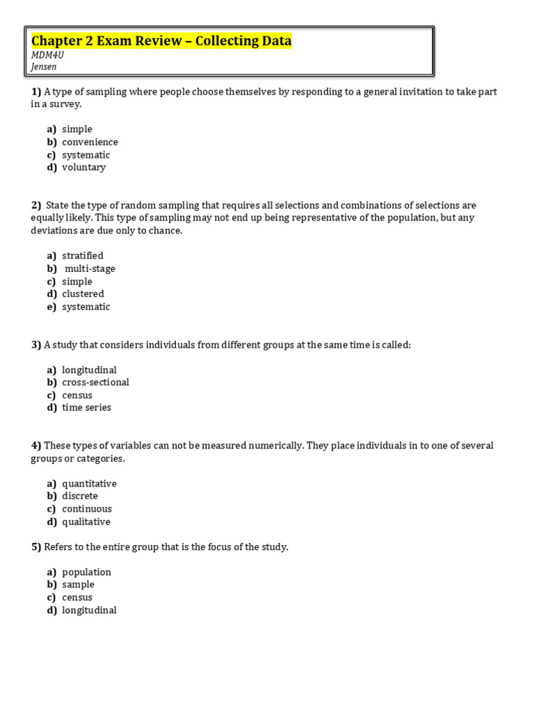 Chapter 2 Exam Review - Collecting Data | PDF | Sampling (Statistics ...