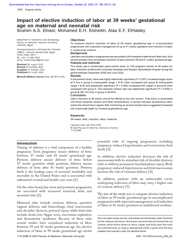 Impact of elective induction of labor at 39 weeks gestational age on