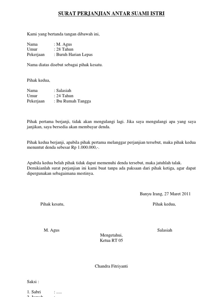Contoh Surat Keterangan Istri Memberi Izin Nikah Lagi