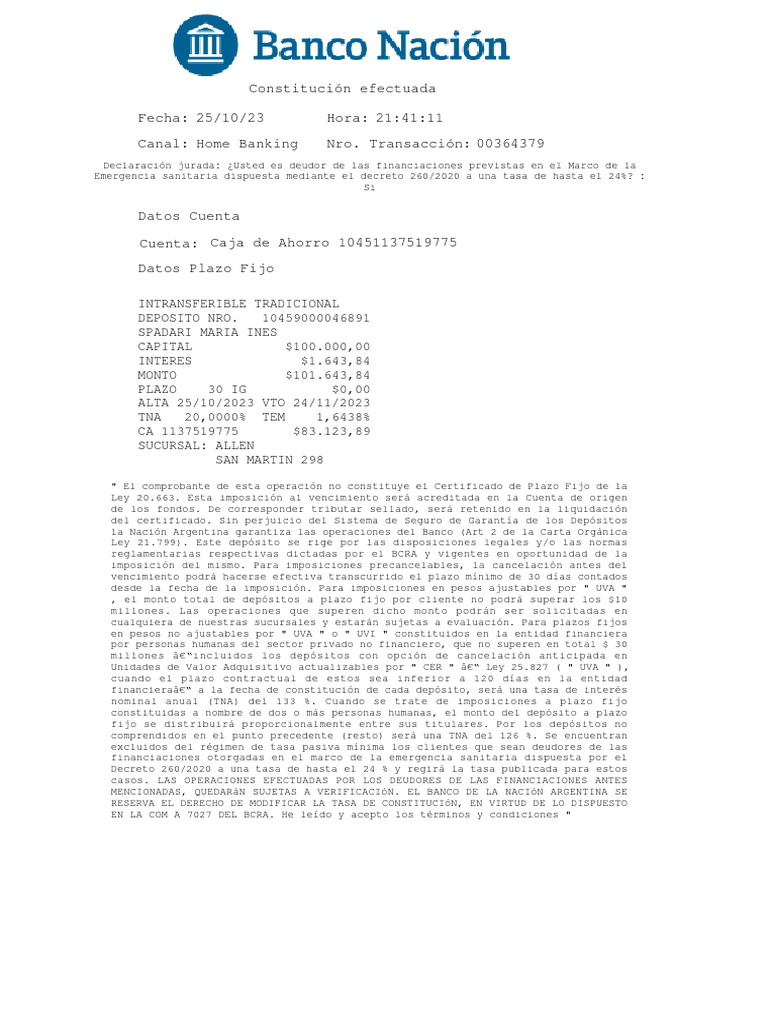 Comprobante de Plazo Fijo Banco Nación | PDF | Bancos | Servicios ...