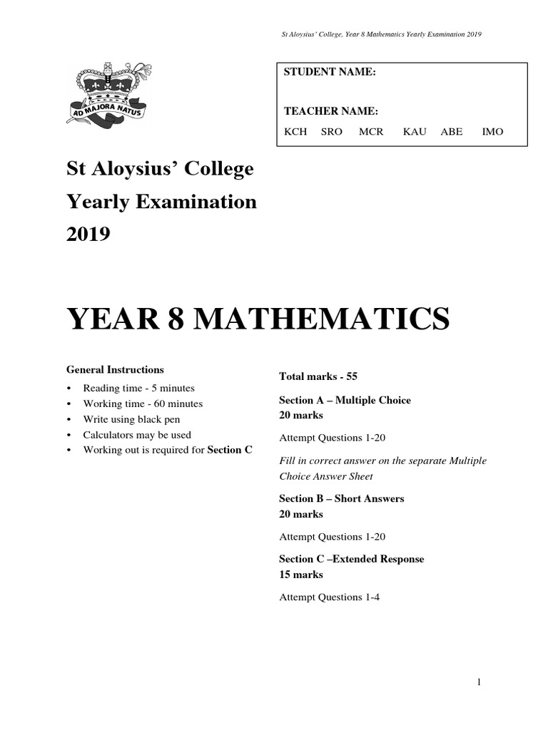 Year 8 Mathematics Exam 2019 | PDF | Multiple Choice | Speed