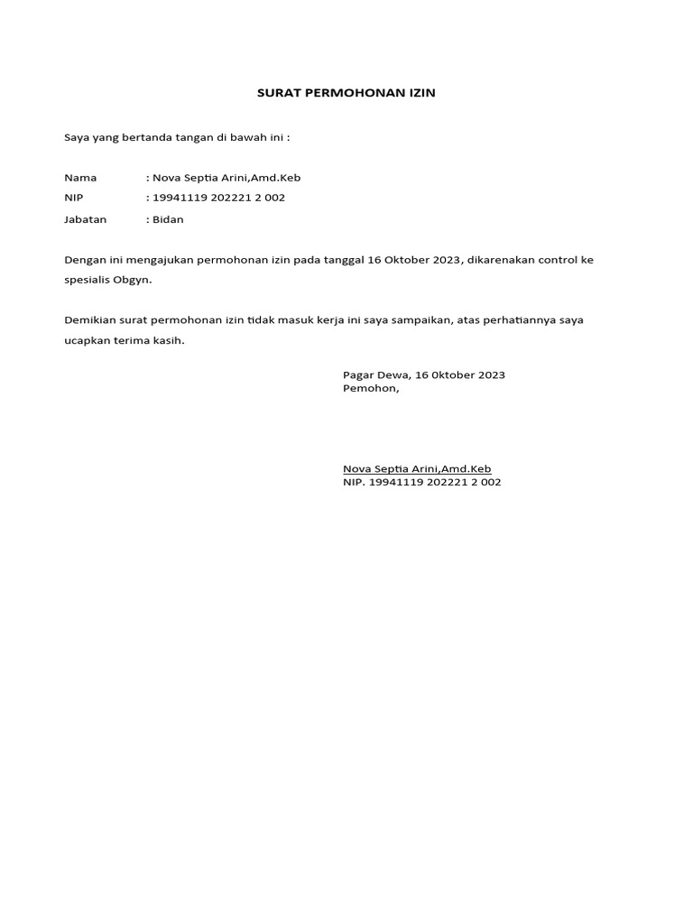 Surat Permohonan Izin Tidak Masuk Kerja | PDF