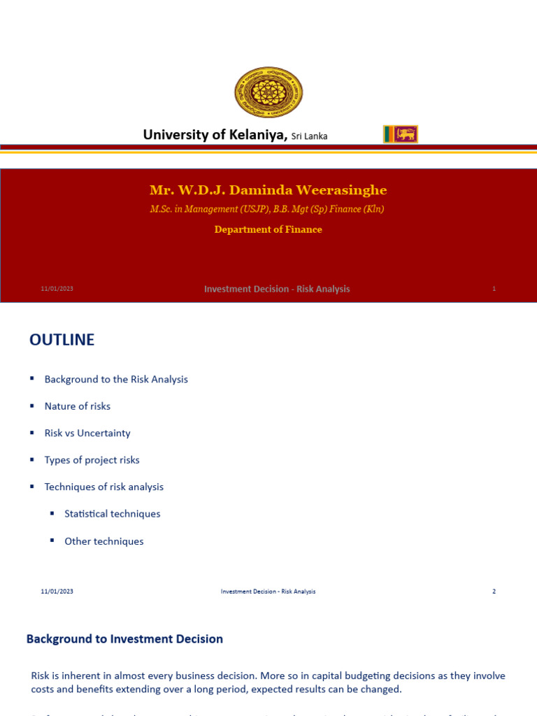Investment Decision Risk Analysis PDF Risk Net Present Value