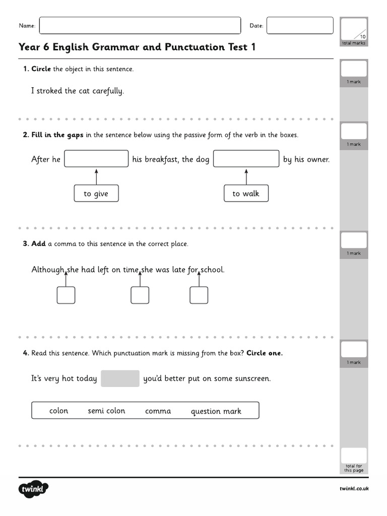 Year 6 English Grammar and Punctuation Test 1 | PDF