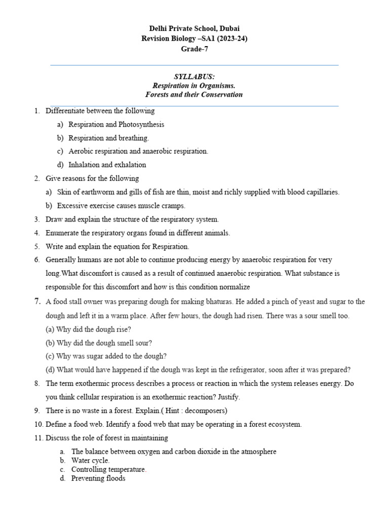 Grade 7 Biology Syllabus: Respiration & Forests | PDF | Respiratory ...