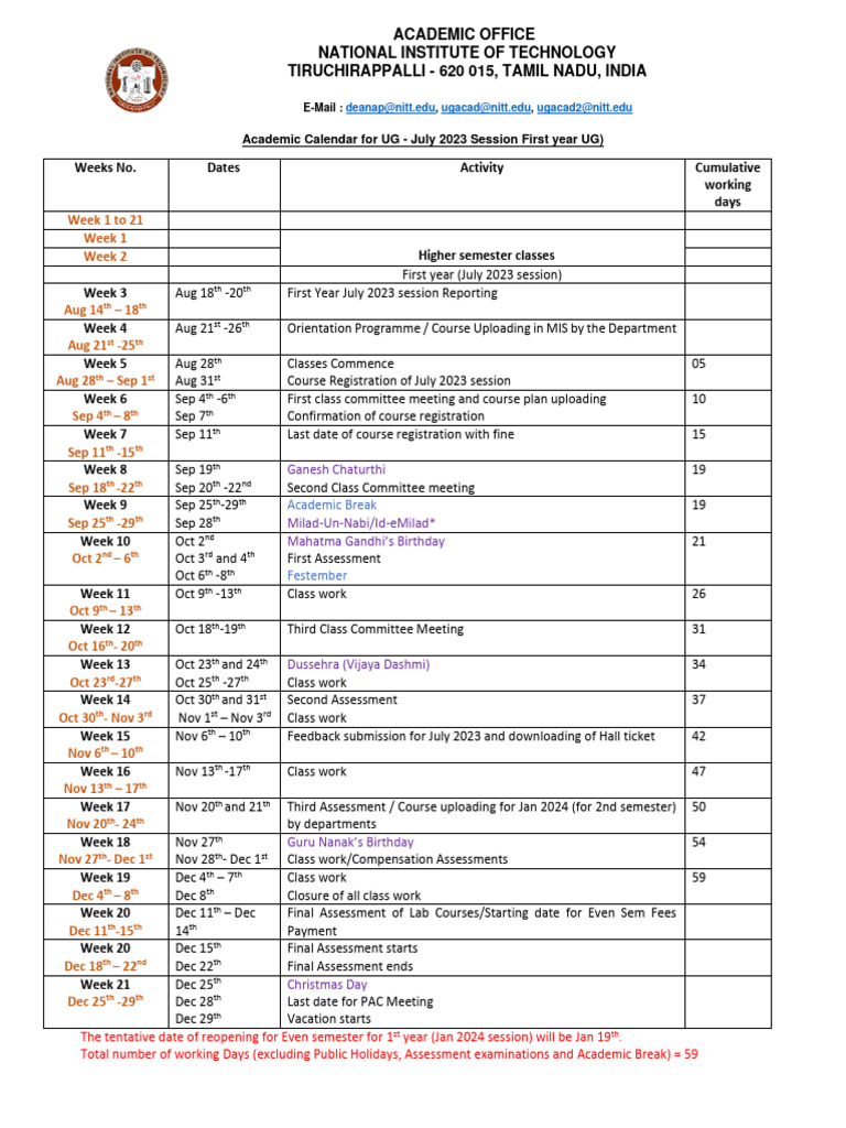 Academic Calendar UG FY Jul2023 Session PDF Academic Term