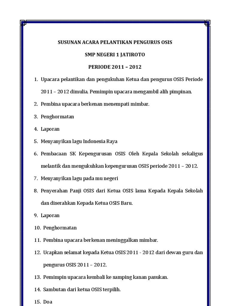 Susunan Acara Pelantikan Pengurus Osis Smp N 1 Jatiroto Pdf