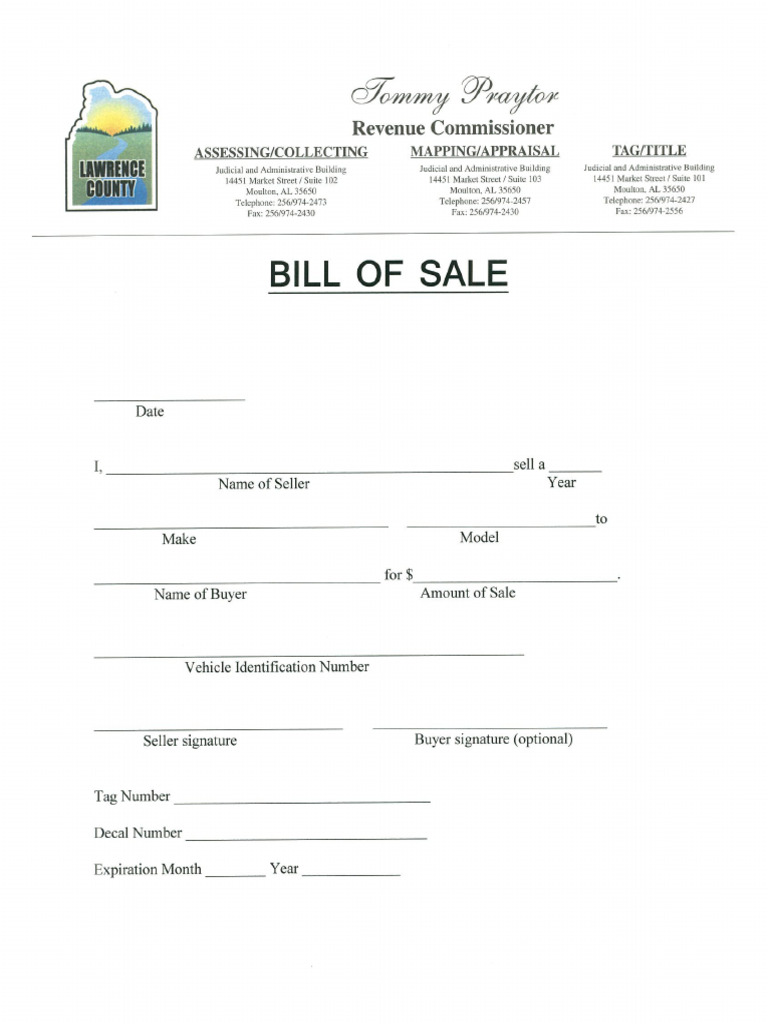 Lawrence County Alabama Motor Vehicle Bill of Sale Form | PDF for Free Printable Alabama Bill Of Sale