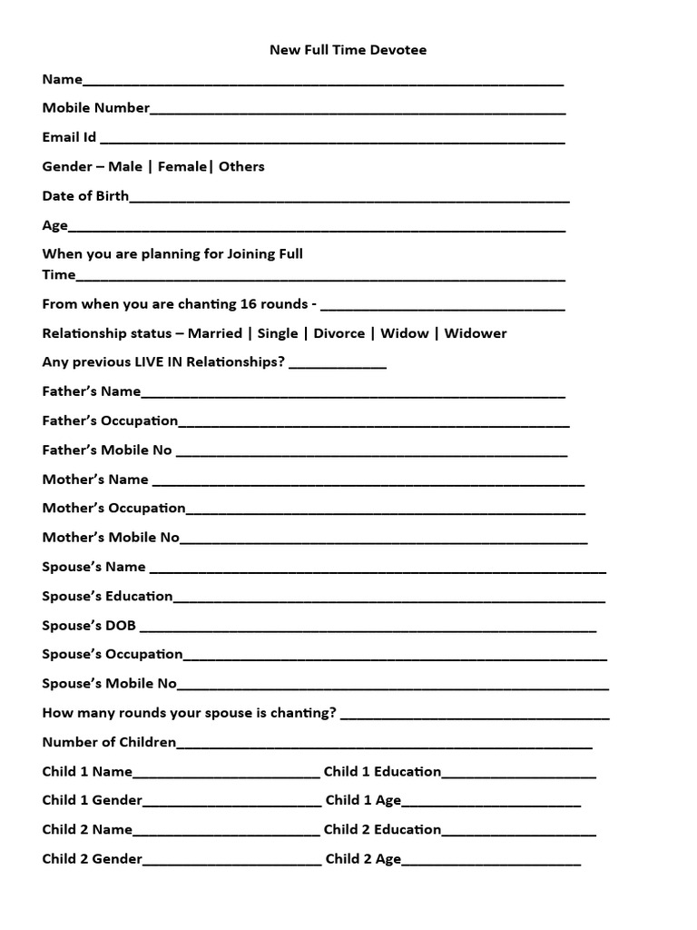 New Full Time Devotee Form - English | PDF | Bhakti