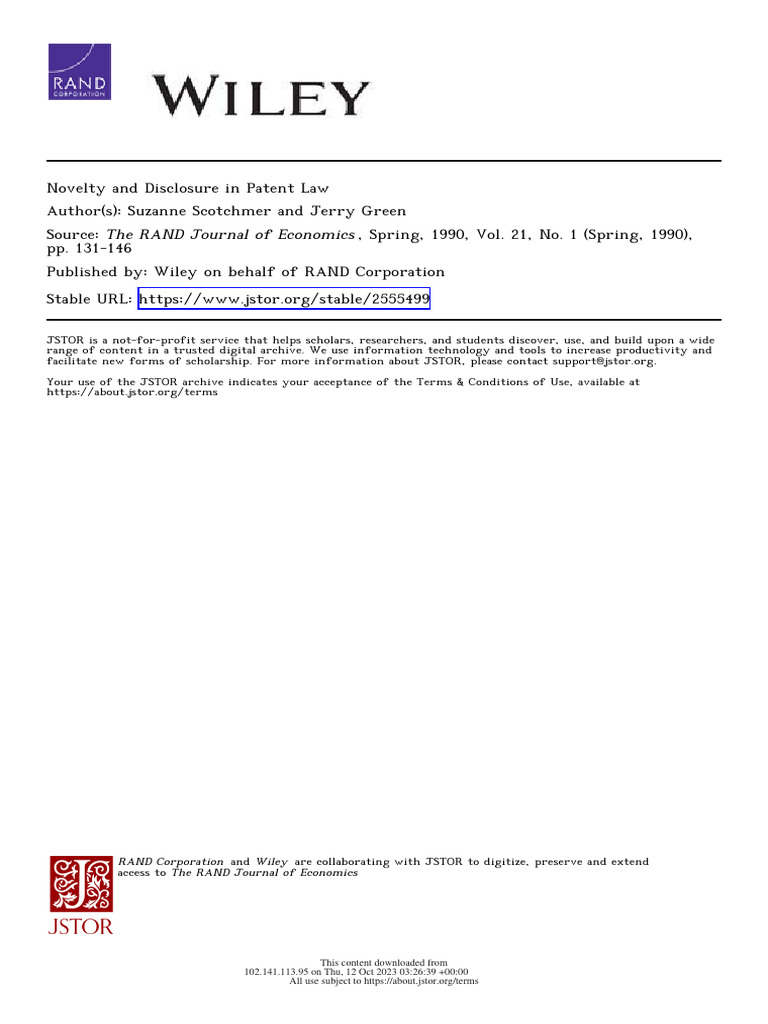 Scotchmer NoveltyDisclosurePatent 1990 PDF Patent Novelty (Patent)