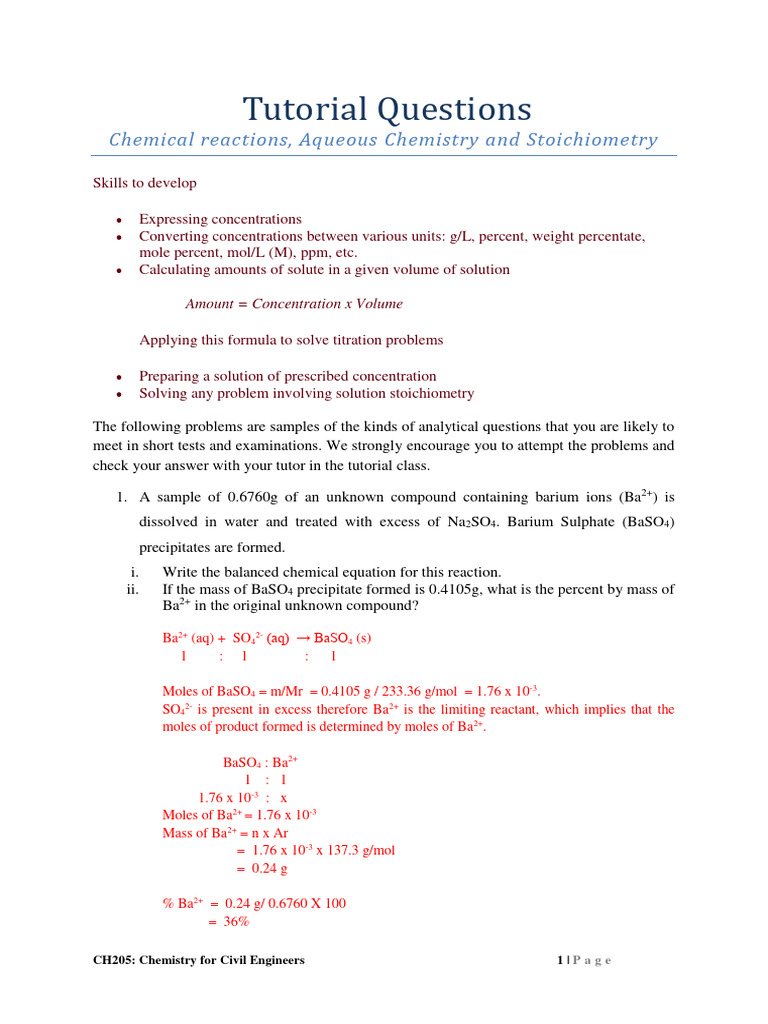 Chemistry for Civil Engineers Tutorial | PDF | Mole (Unit) | Concentration