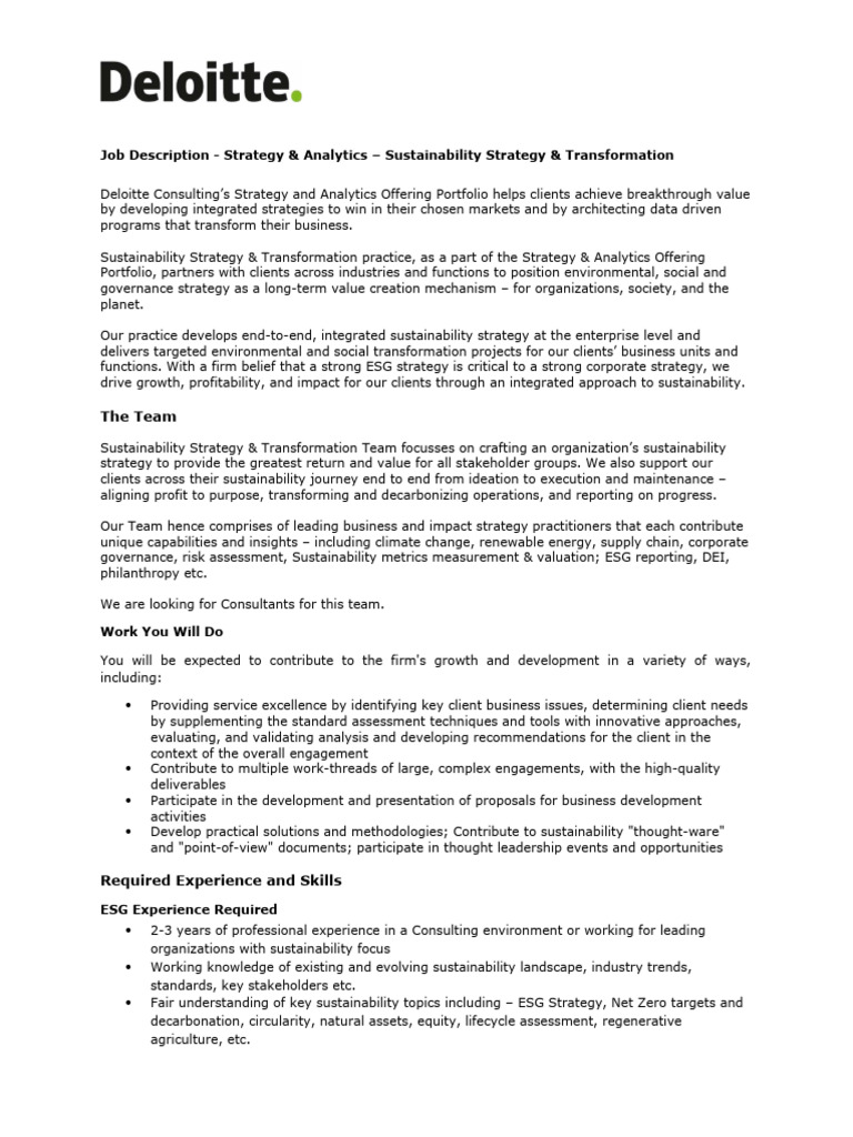 Deloitte USI Consulting JD Consultant - Lateral - ESG | PDF ...