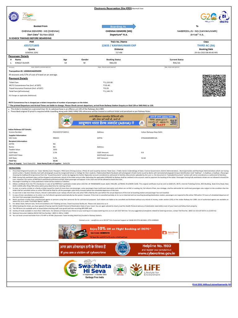 Kanyakumari Exp Third Ac (3A) | PDF | Identity Document