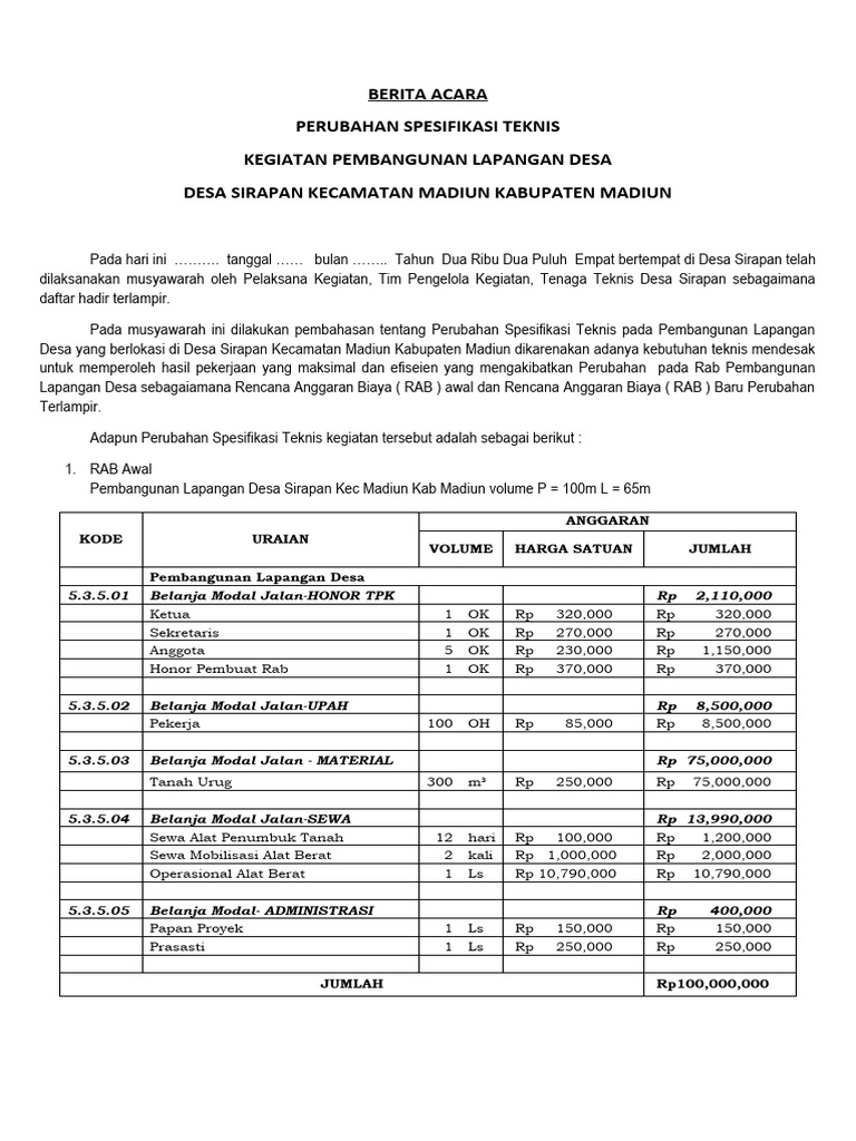 Berita Acara Perubahan RAB Lapangan Desa | PDF