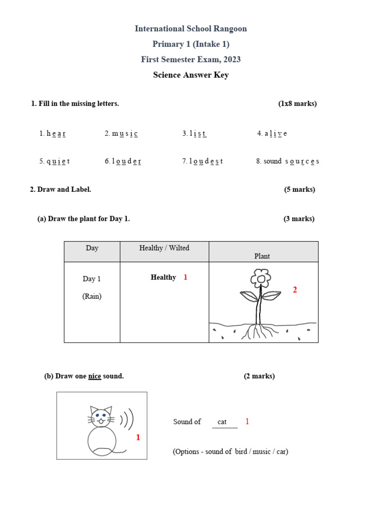 Science Exam Answer Key for Primary 1 | PDF | Teaching Methods & Materials