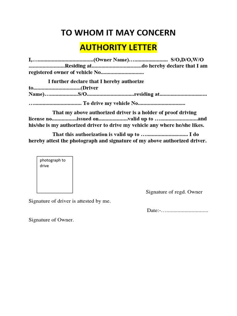 Driver Authorization Letter Template | PDF