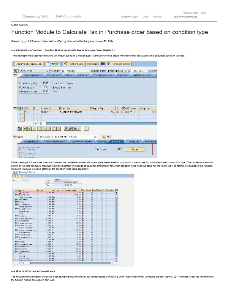Function Module To Calculate Tax in Purchase Order Based On Condition ...