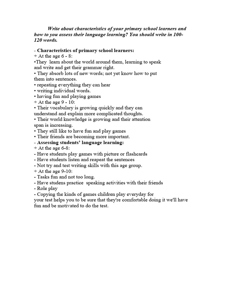 Characteristics of Primary School Learners | PDF | Language Arts &  Discipline