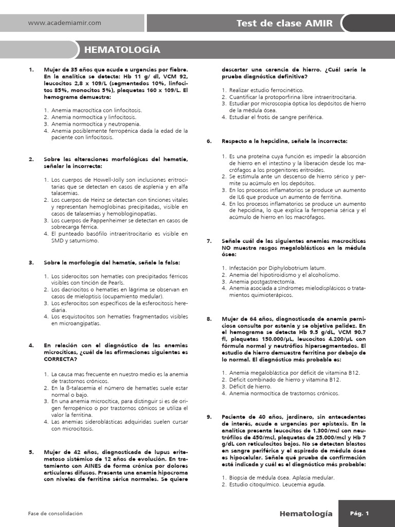 Test de Clase Consolidacion HM | PDF | Coagulación | Hematología