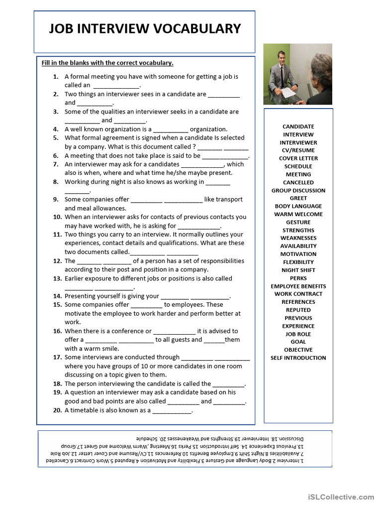 Job Interview Vocabulary Pdf Employee Benefits Job Interview