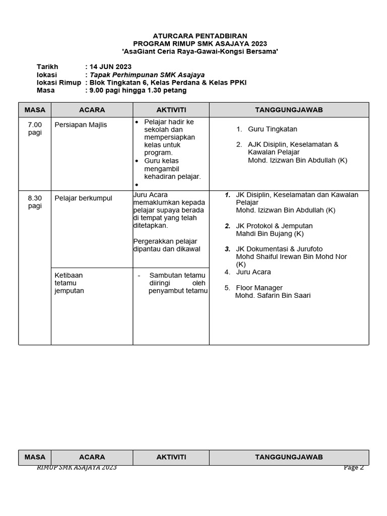 Aturcara Pentadbiran Program Rimup SMK Asajaya 2023 | PDF