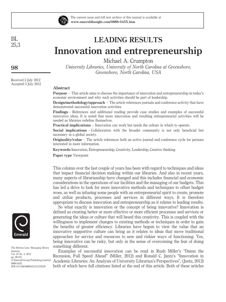 Innovation and Entrepreneurship in Libraries | PDF | Entrepreneurship ...
