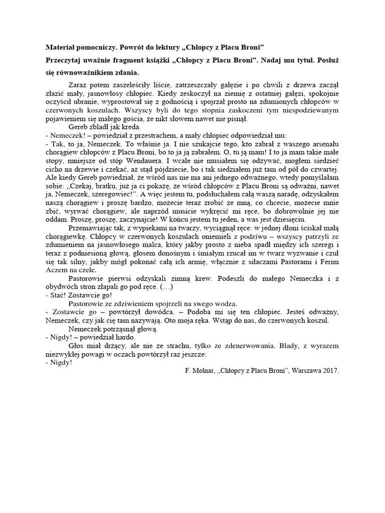 Chłopcy Z Placu Broni Test Z Lektury Z Odpowiedziami Materiał Pomocniczy. Powrot Do Lektury Chłopcy Z Placu Broni" | PDF
