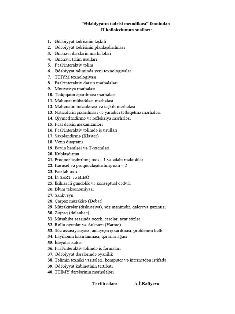 Azərbaycan Ədəbiyyatının Tədrisi Metodikası Suallar | PDF