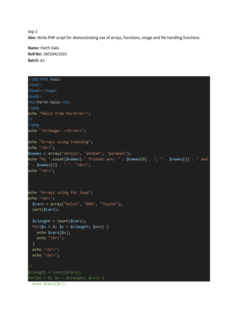 Aim: Write PHP Script For Demonstrating Use of Arrays, Functions, Image ...