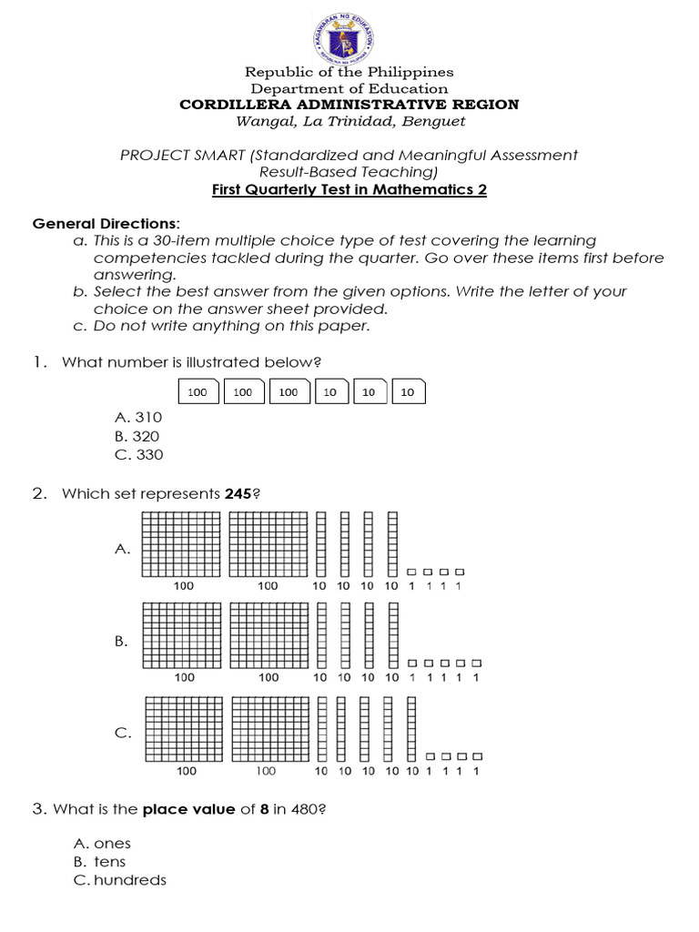 First Quarterly Math Test for Grade 2 | PDF | Multiple Choice | Cognition