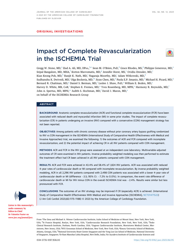 Stone Et Al 2023 Impact of Complete Revascularization in The Ischemia