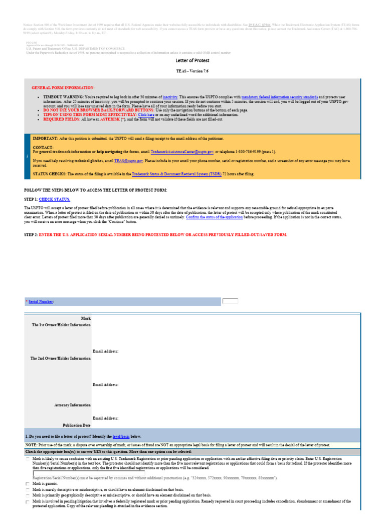 TEAS Letter of Protest Instructions | PDF | United States Patent And ...