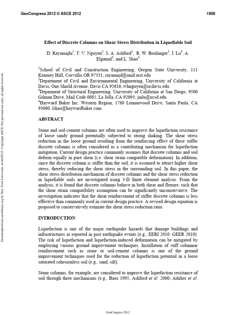 Effect of Discrete Columns On Shear Stress Distribution in Liquefiable ...